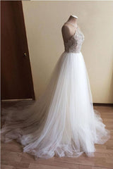 Halter Illusion neck High split A line Tulle Princess Wedding Dress-Ballbella