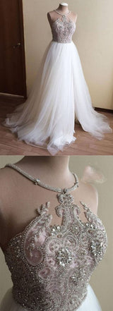 Halter Illusion neck High split A line Tulle Princess Wedding Dress-Ballbella