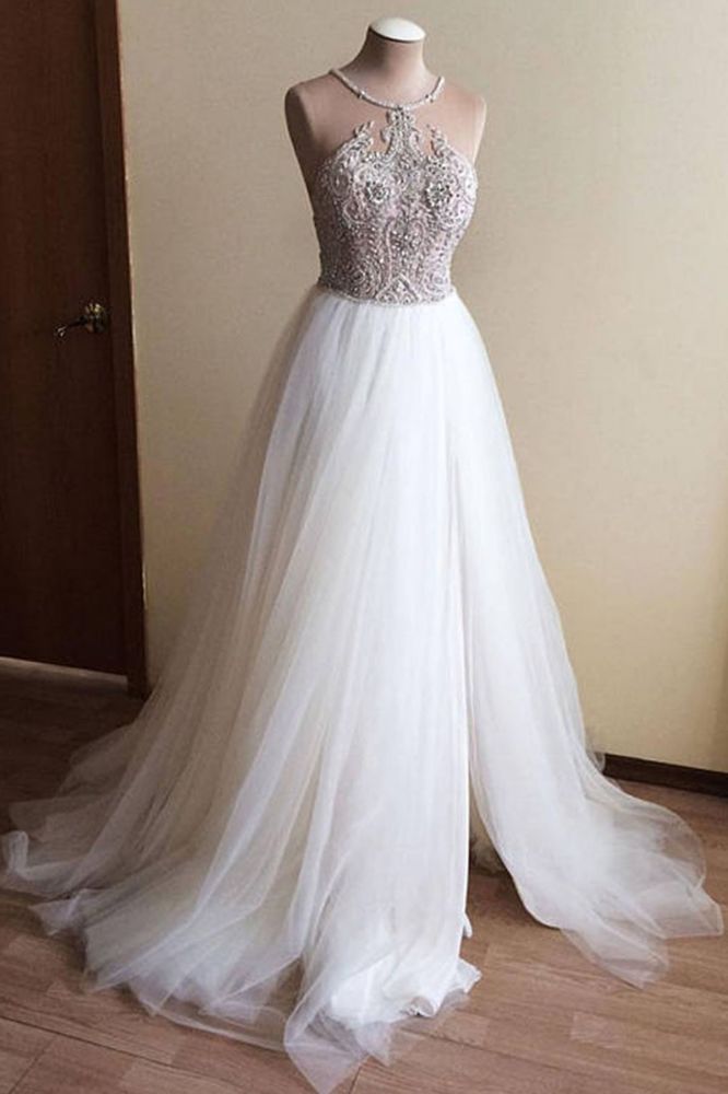 Halter Illusion neck High split A line Tulle Princess Wedding Dress-Ballbella