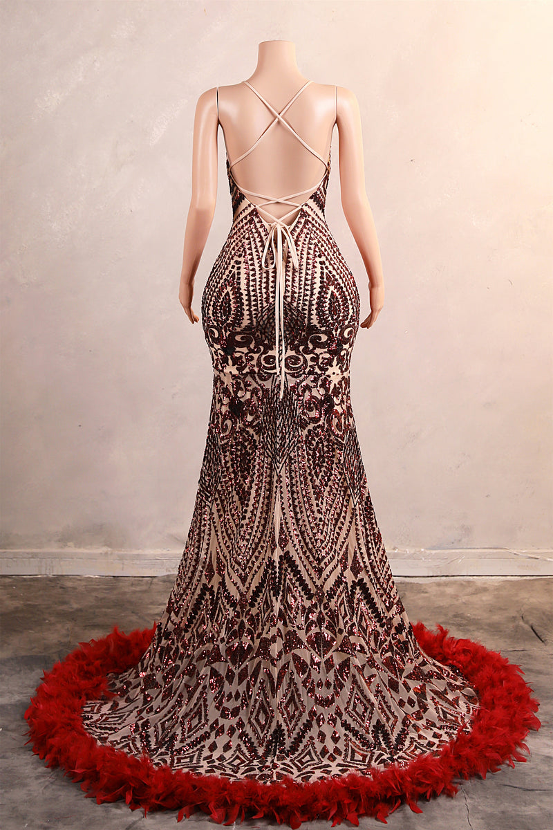 Halter Sequined Sparkle Burgundy Feathers Mermaid Prom Dresses-Ballbella