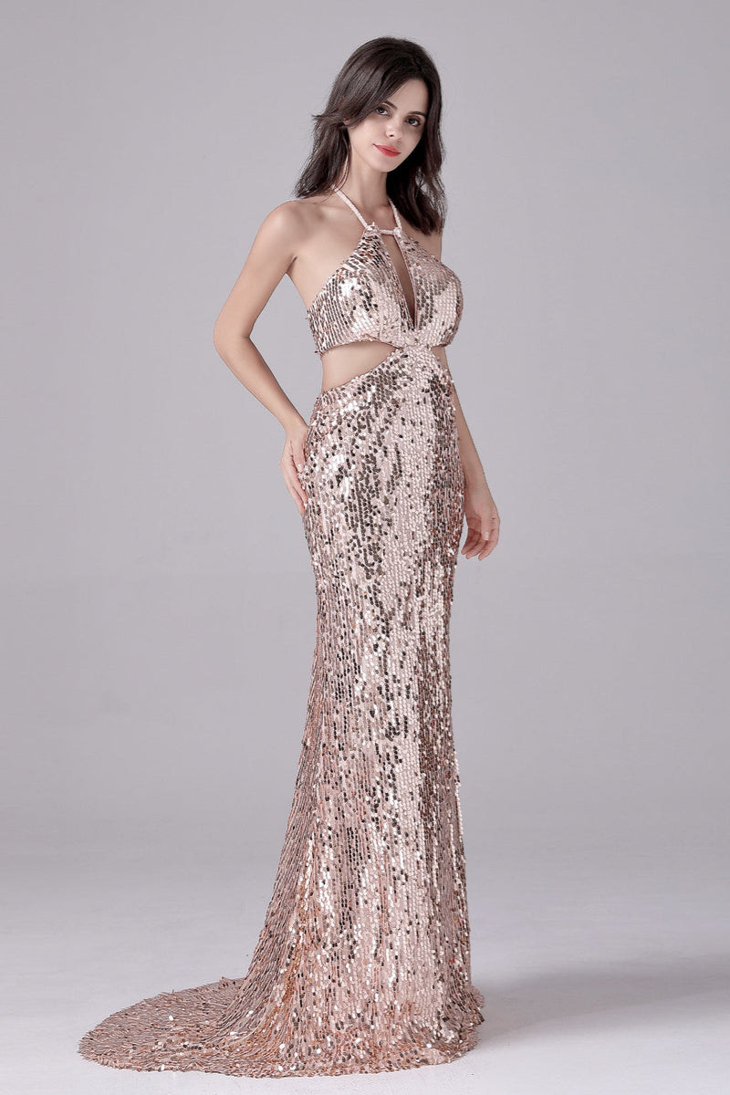 Halter Sleeveless Backless Sequined Floor Length mother's dress-Ballbella