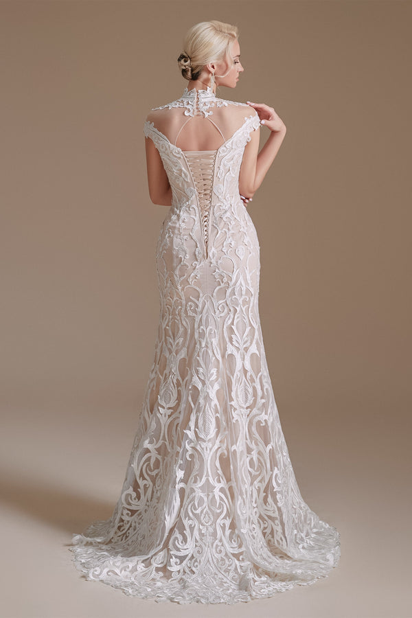 High Collar Lace Long Cap Sleeves Mermaid Wedding Dress | Ballbella Design-Ballbella