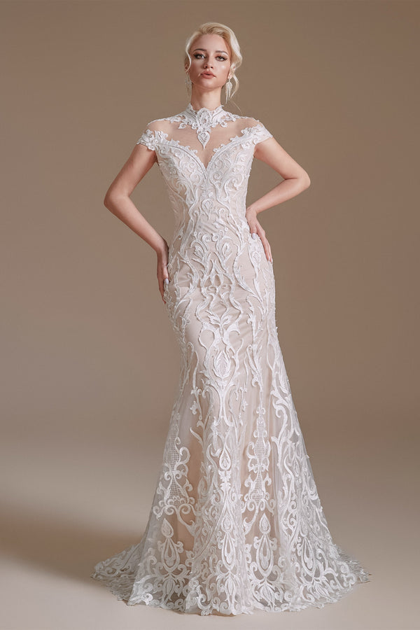 High Collar Lace Long Cap Sleeves Mermaid Wedding Dress | Ballbella Design-Ballbella