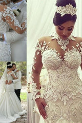 High Neck Beads Appliques Mermaid Wedding Dresses Sheer Tulle Long Sleeves Bridal Gowns-Ballbella