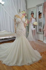 High Neck Beads Appliques Mermaid Wedding Dresses Sheer Tulle Long Sleeves Bridal Gowns-Ballbella