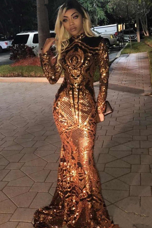 High Neck Golden Appliques Mermaid Long Sleevess Prom Dresses-Ballbella