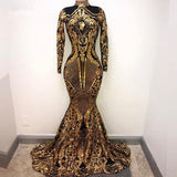 High Neck Golden Appliques Mermaid Long Sleevess Prom Dresses-Ballbella