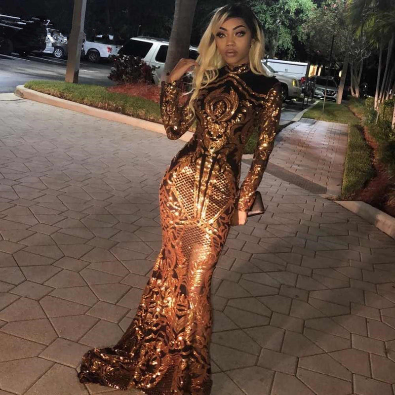 High Neck Golden Appliques Mermaid Long Sleevess Prom Dresses-Ballbella