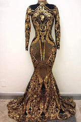 High Neck Golden Appliques Mermaid Long Sleevess Prom Dresses-Ballbella