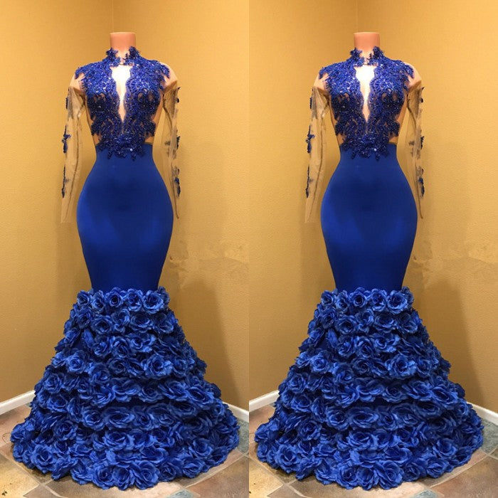 High Neck Mermaid Prom Dress, Flowers Prom Party Gowns-Ballbella