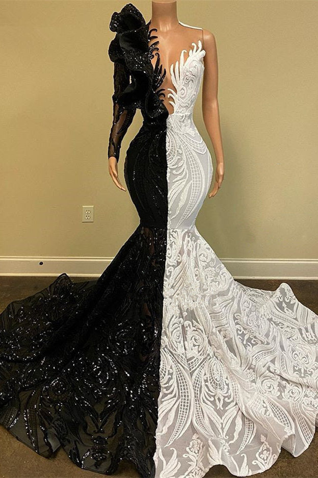 Hot Half Black Half White One shoulder Long Sleeves Mermaid Prom Dresses-Ballbella