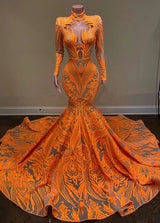 Hot Orange High neck Long Sleeves Mermaid Sequin Prom Dresses-Ballbella