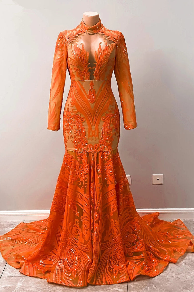 Hot Orange High neck Long Sleeves Mermaid Sequin Prom Dresses-Ballbella