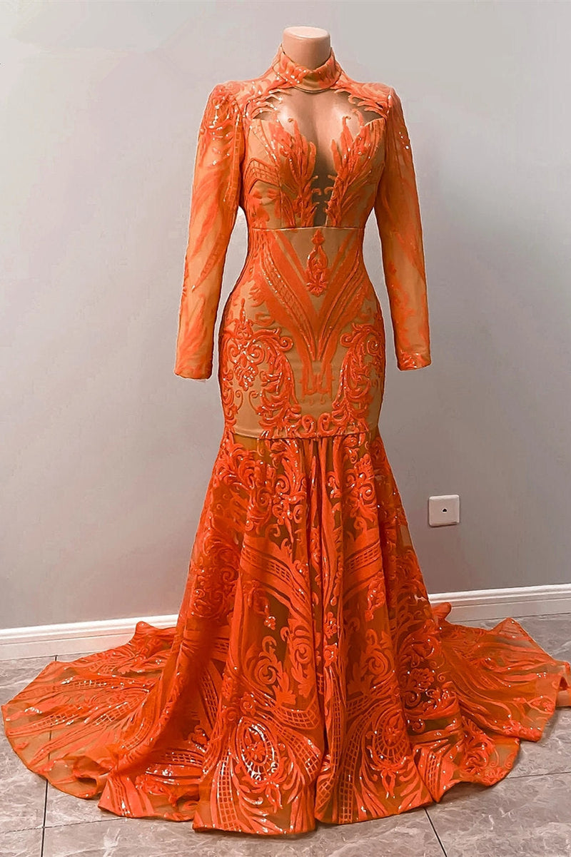 Hot Orange High neck Long Sleeves Mermaid Sequin Prom Dresses-Ballbella