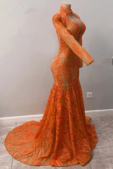 Hot Orange High neck Long Sleeves Mermaid Sequin Prom Dresses-Ballbella