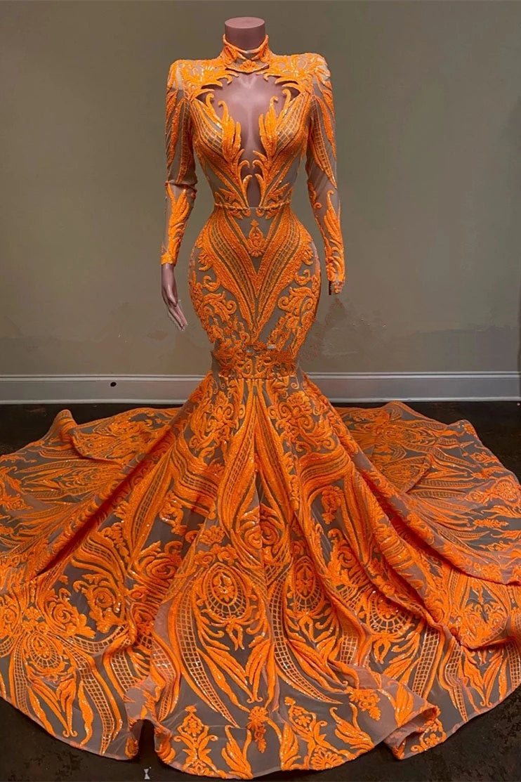 Hot Orange High neck Long Sleeves Mermaid Sequin Prom Dresses-Ballbella