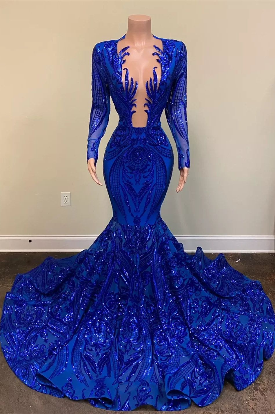 Hot Sparkle Royal Blue Sequin Long sleeves Mermaid Prom Dresses – Ballbella