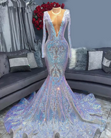 Hot Sparkle Sequin V neck Long sleeves Mermaid Prom Dresses-Ballbella