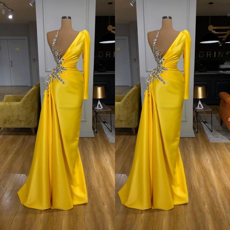 Illusion neck Bright Yellow One shoulder Bubble Sleeves Prom Dress-Ballbella