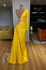 Illusion neck Bright Yellow One shoulder Bubble Sleeves Prom Dress-Ballbella