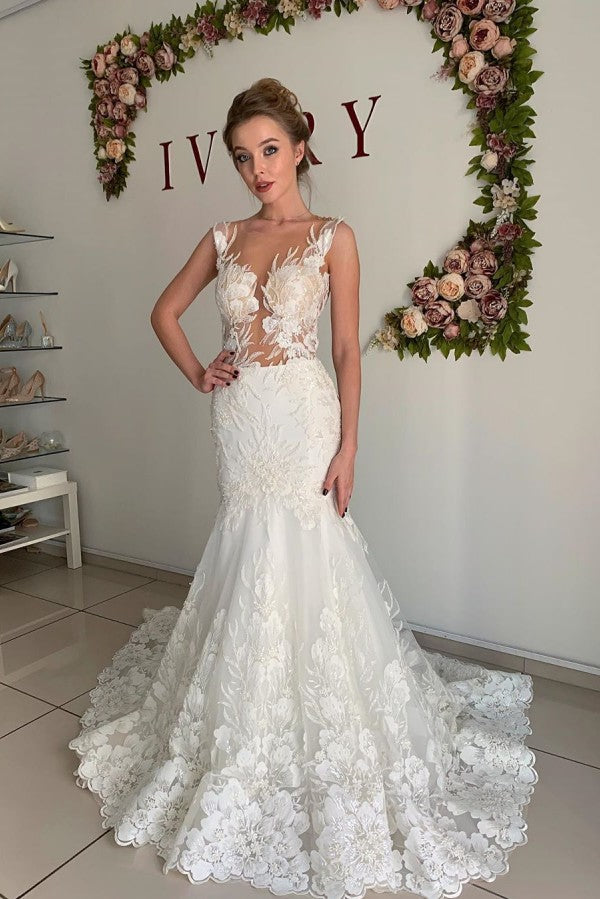 Modern Deep V neck Sleeveless White Tulle Wedding Dresses with Ruffless –  Ballbella