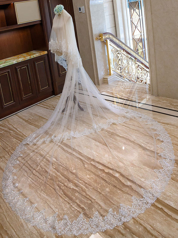 Ivory 2 Tier Long Cathedral Waterfall Lace Applique Wedding Veils-Ballbella