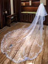 Ivory Cathedral Waterfall Lace Applique 2 Tier Long Wedding Veils-Ballbella