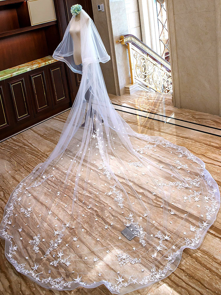 Ivory Cathedral Waterfall Lace Applique 2 Tier Long Wedding Veils-Ballbella