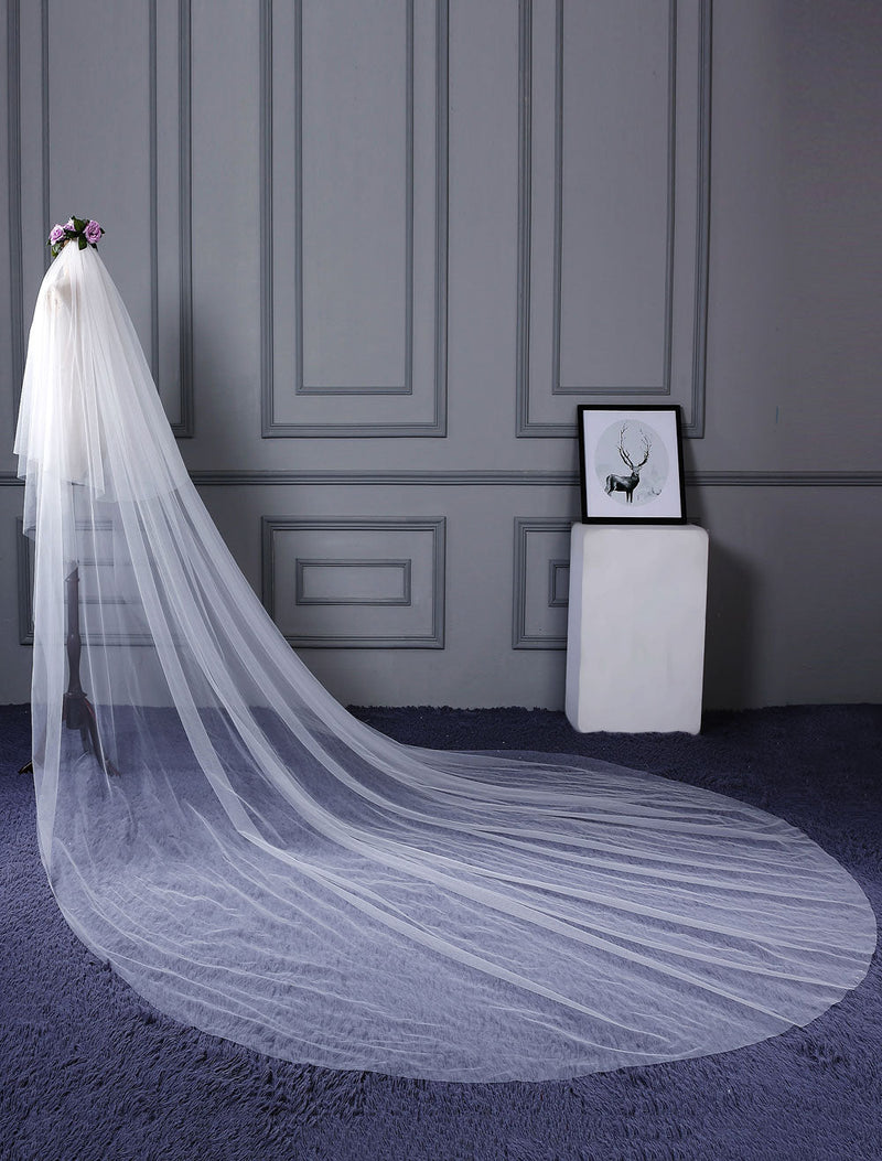 Ivory Cut Edge One Tier Waterfall Cathedral Wedding Veil For Brides-Ballbella