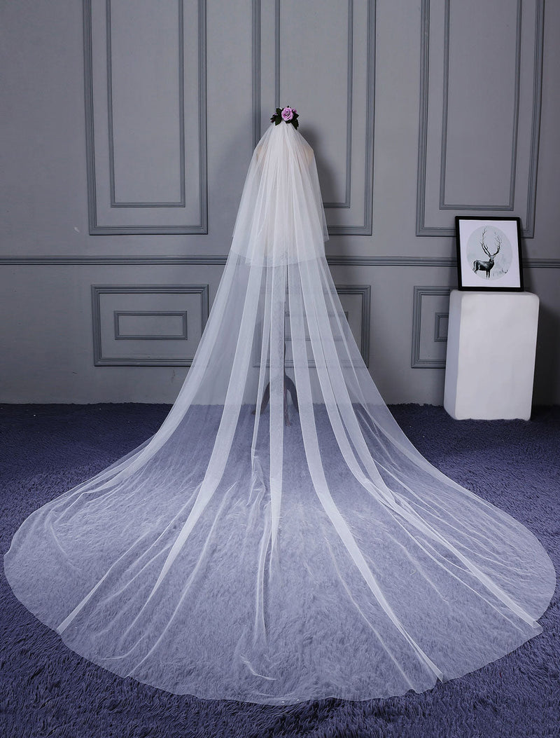 Ivory Cut Edge One Tier Waterfall Cathedral Wedding Veil For Brides-Ballbella