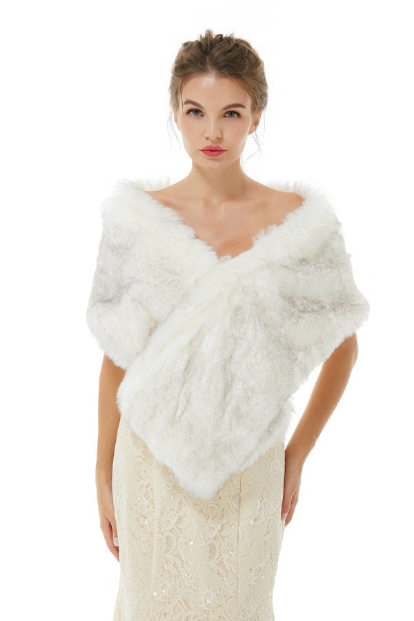 Ivory Faux Fur Wedding Shawl Open Front For Bride-Ballbella