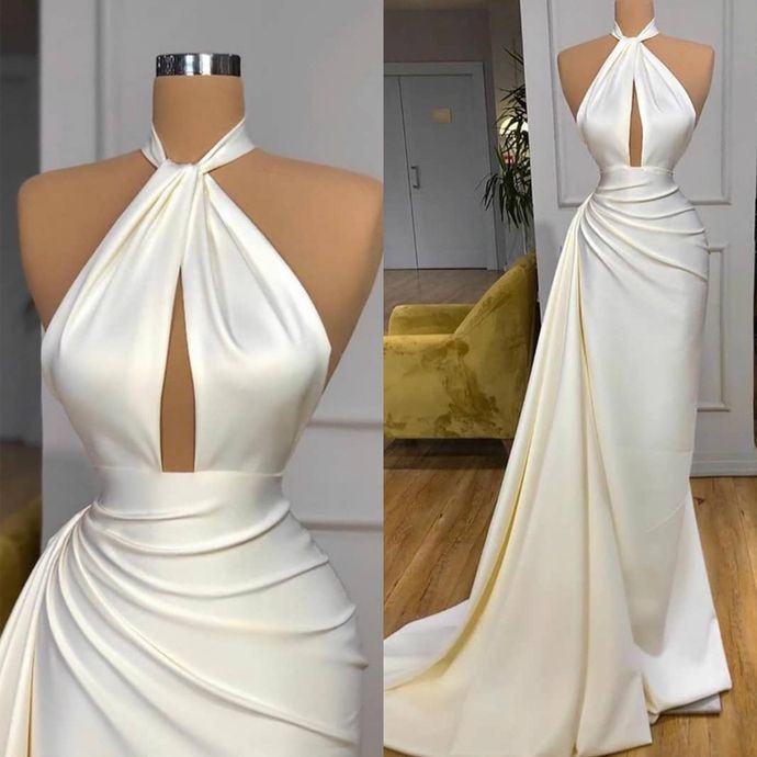 Ivory Halter Long Evening Prom Dress With Split Detachable Train-Ballbella