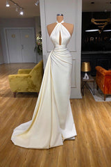 Ivory Halter Long Evening Prom Dress With Split Detachable Train-Ballbella