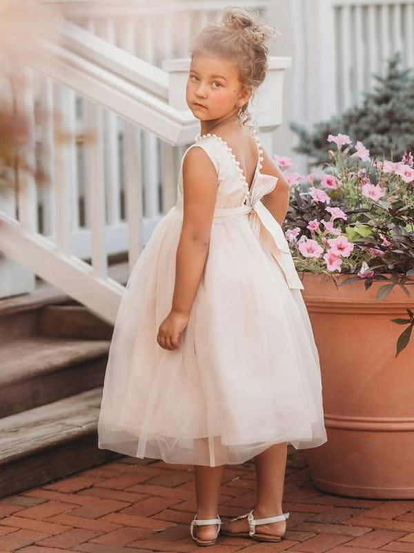 Ivory Jewel Neck Ankle-Length Butterfly Formal Kids Pageant flower girl dresses-Ballbella