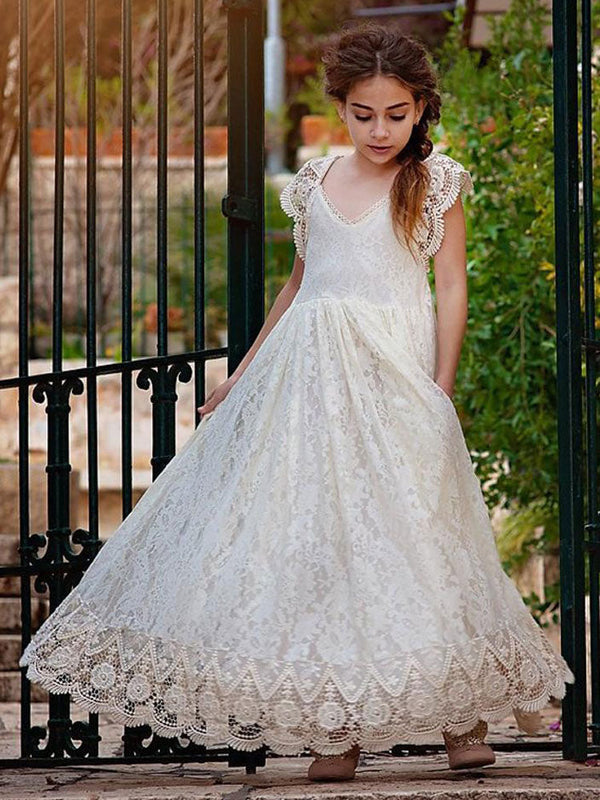 Ivory Jewel Neck Lace Short Sleeves Floor-Length A-Line Lace Kids Social Party Dresses-Ballbella