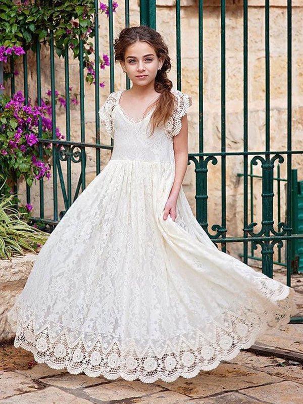 Ivory Jewel Neck Lace Short Sleeves Floor-Length A-Line Lace Kids Social Party Dresses-Ballbella