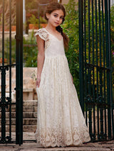 Ivory flower girl dresses Jewel Neck Lace Short Sleeves Floor-Length A-Line Lace Kids Social Party Dresses