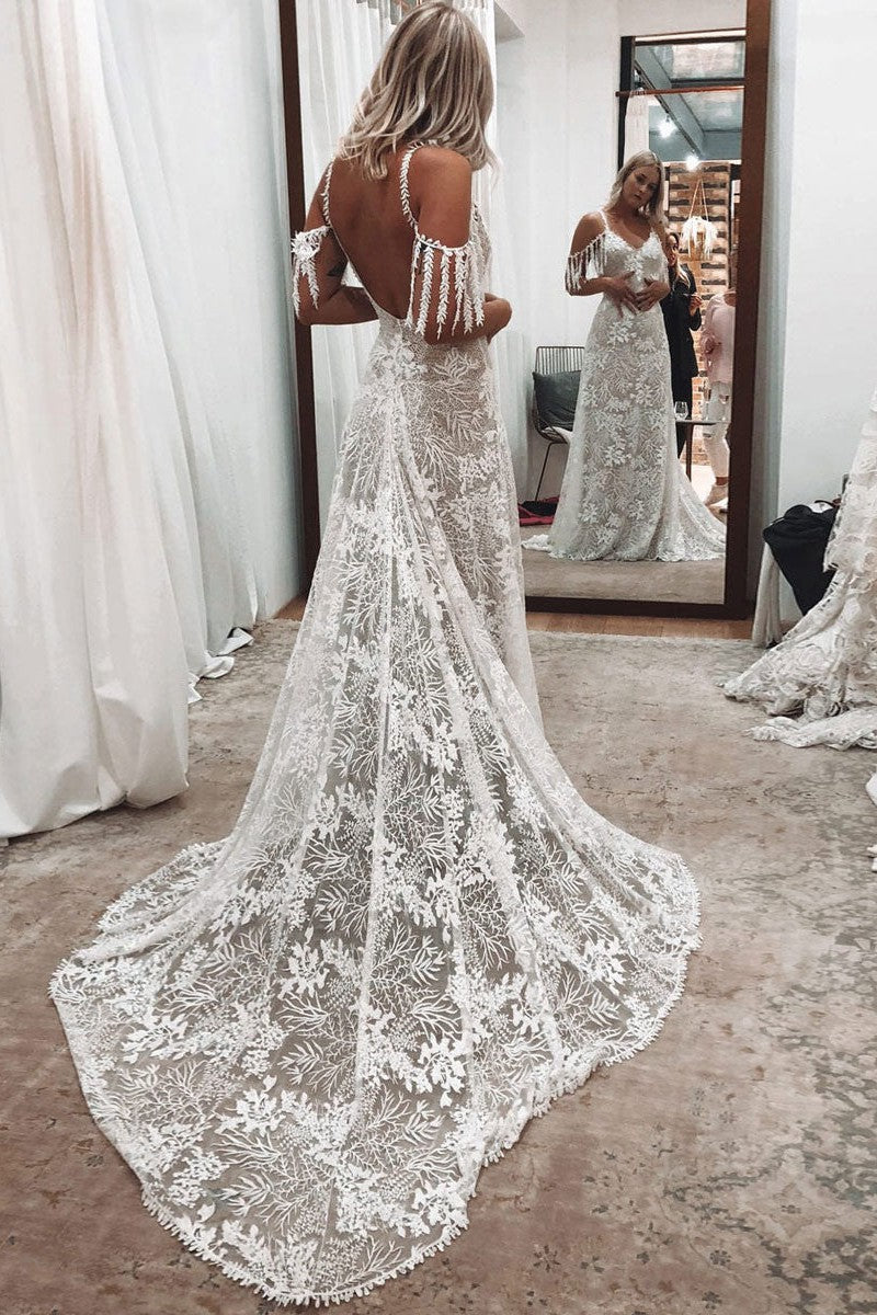 Ivory Lace Sexy Backless Wedding Dress With Train A-Line Sleeveless Chic V-Neck Bridal Gowns-Ballbella