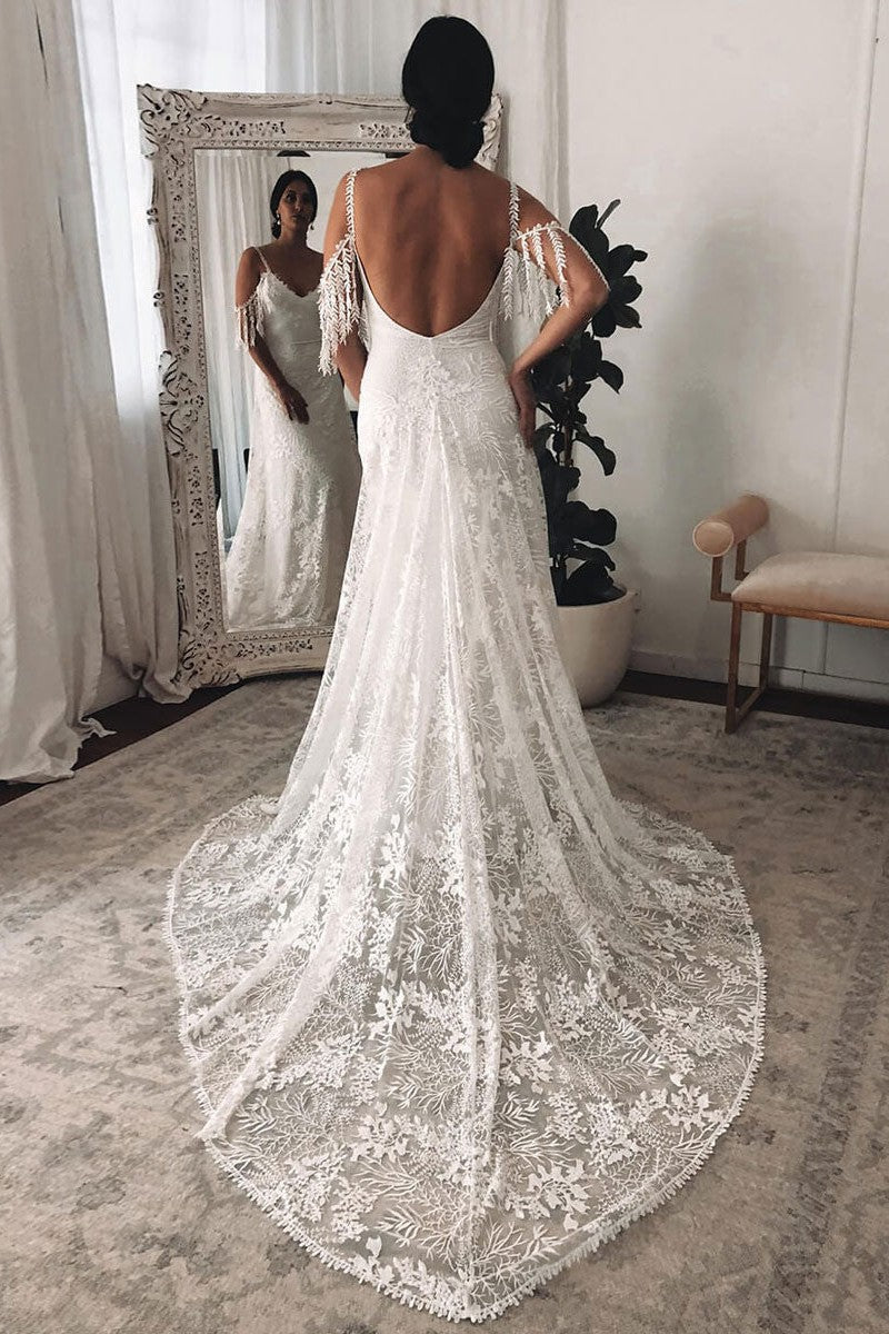 Ivory Lace Sexy Backless Wedding Dress With Train A-Line Sleeveless Chic V-Neck Bridal Gowns-Ballbella