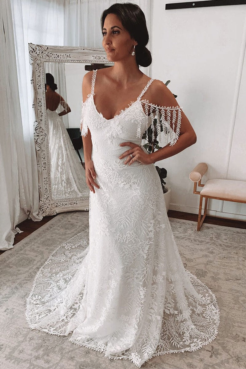 Ivory Lace Sexy Backless Wedding Dress With Train A-Line Sleeveless Chic V-Neck Bridal Gowns-Ballbella