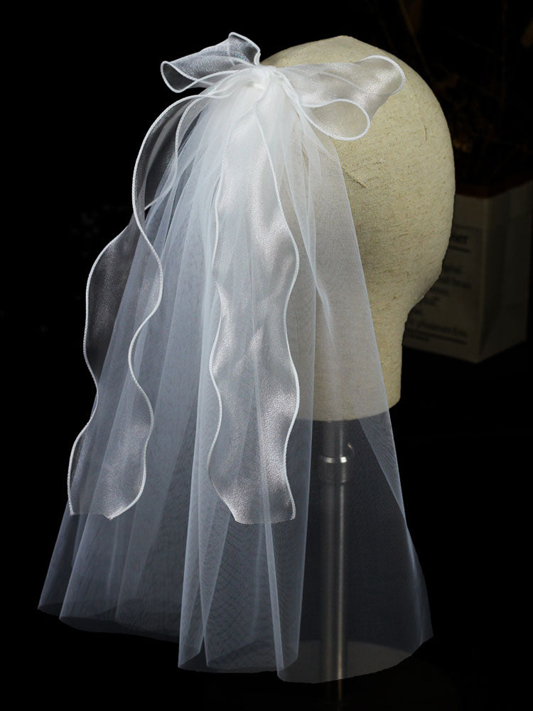 Ivory One Tier Bows Tulle Cut Edge Drop Wedding Veils-Ballbella