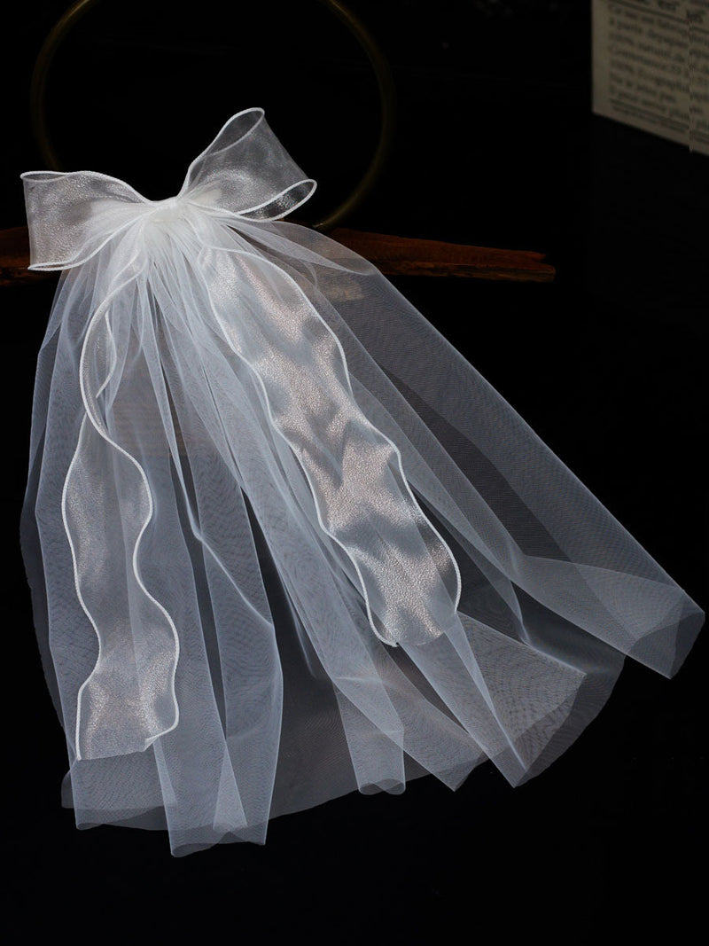 Ivory One Tier Bows Tulle Cut Edge Drop Wedding Veils-Ballbella