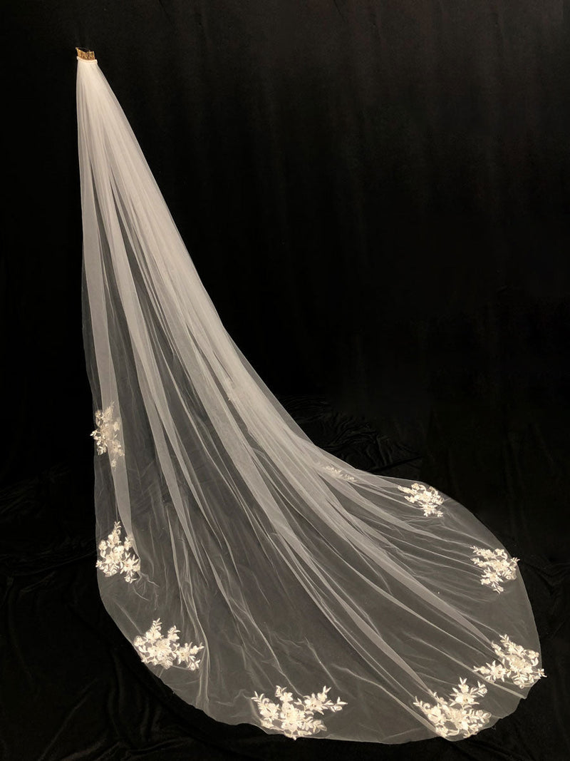 Ivory One-Tier Lace Tulle Finished Edge Waterfall Wedding Veils-Ballbella