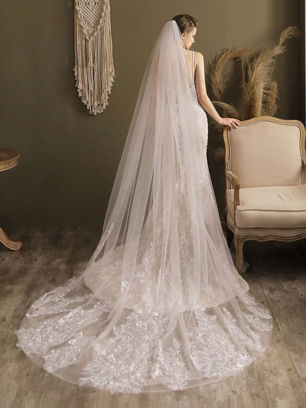 Ivory One-Tier Tulle Lace Applique Edge Waterfall Long Wedding Veil-Ballbella