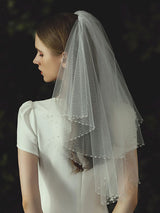 Ivory Two Tier Beaded Tulle Finished Edge Drop Bridal Veils-Ballbella