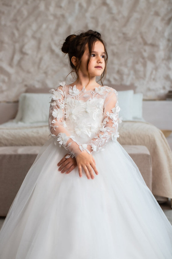 Jewel Long Sleeve Ball Gown Backless Lace Applique Bowknot Flower Girl Dress-Ballbella