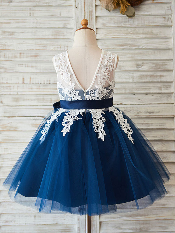 Jewel Neck Lace Sleeveless Short Princess Sash Kids Party Dresses-Ballbella