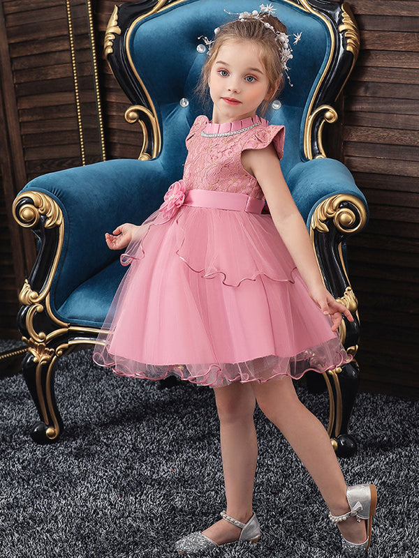 Jewel Neck Polyester Cotton Sleeveless Short Princess Beaded Kids Party Dresses-Ballbella