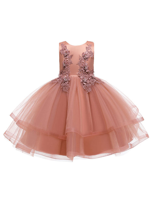 Jewel Neck Polyester Sleeveless Short Ball Gown Bows Kids Social Party Dresses-Ballbella