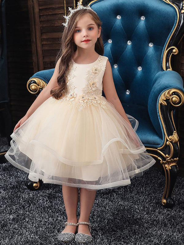 Jewel Neck Polyester Sleeveless Short Ball Gown Bows Kids Social Party Dresses-Ballbella